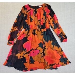 Calvin Klein Women's Size 6 Floral Print Smocked Chiffon Flair Midi Dress Lined